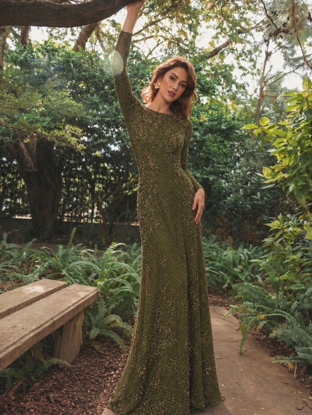 Mac Duggal Olive Green Beaded Long Sleeve Evening Gown Size 6